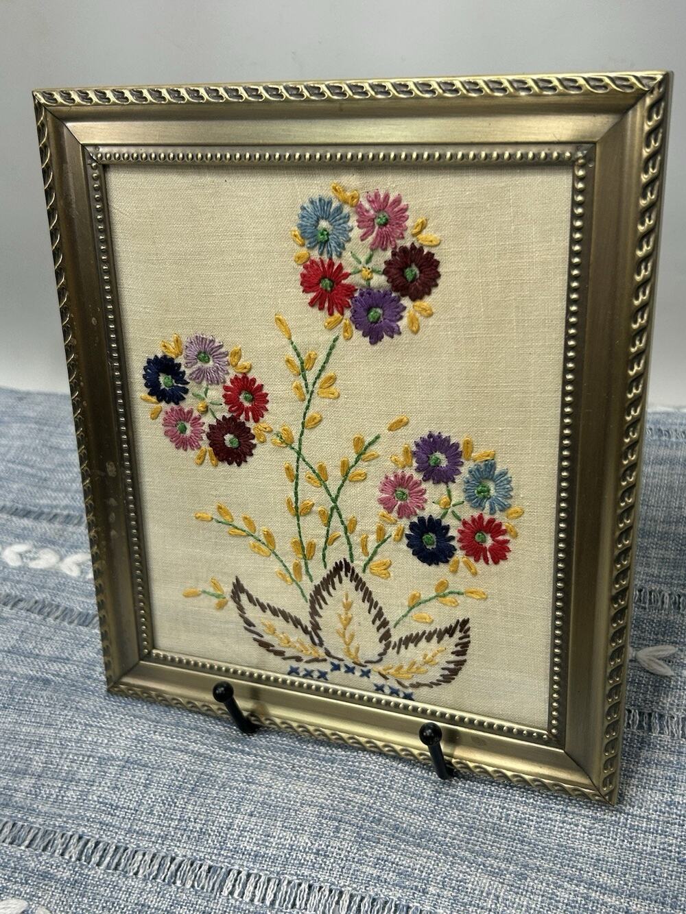 Vintage Floral Crewel Embroidery Framed Needlework Folk Art Cottagecore Decor